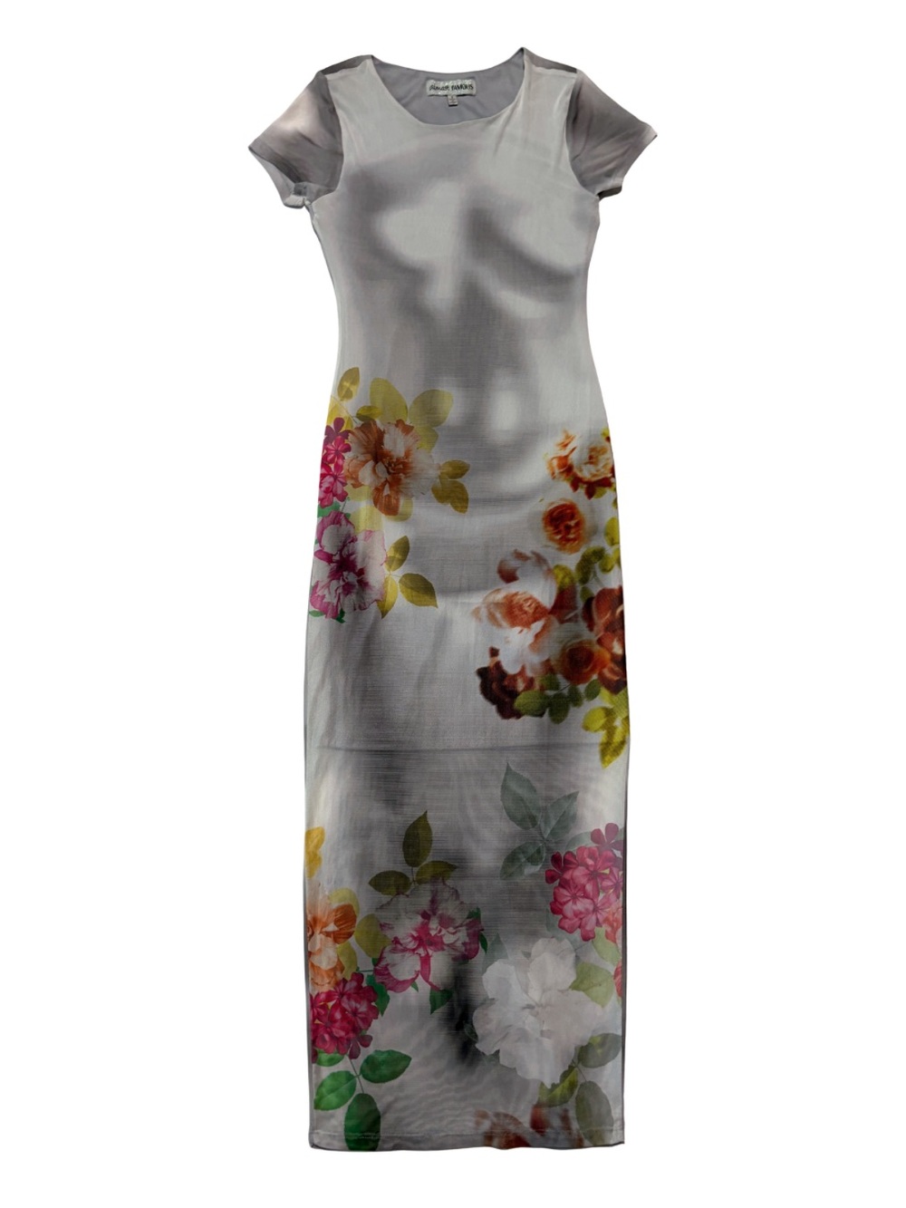 Almost Famous Gray Mesh Bodycon Maxi Dress with Multicolor Floral Detail